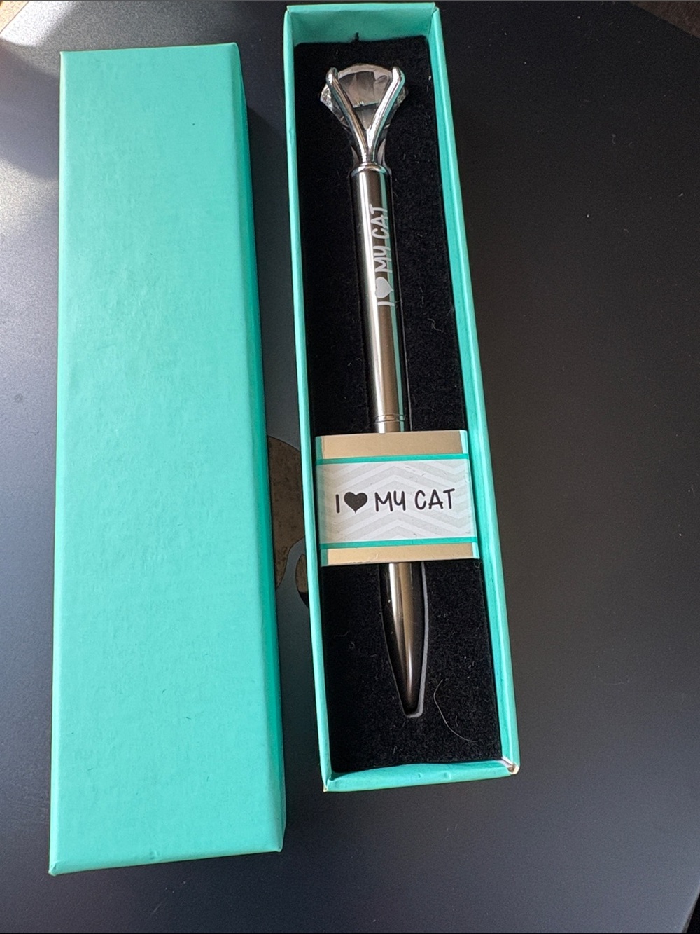 I Love My Cat Pen Silver Cat Themed Ballpoint Pen with Teal Gift Box